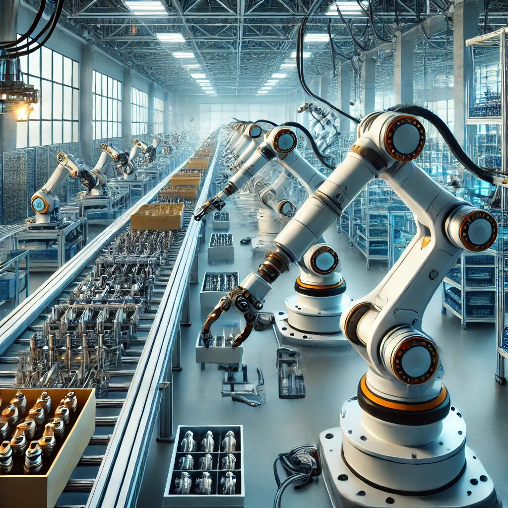 Автоматизированная производственная линия с роботами.