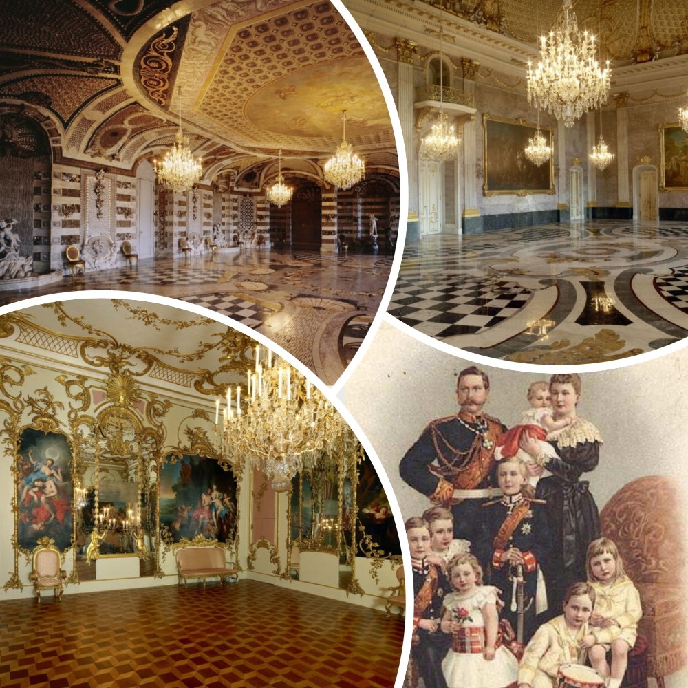 Вверху - Грот-зал и Мраморная галерея. Внизу - зал Аполлона. Император и императрица Германии с детьми.