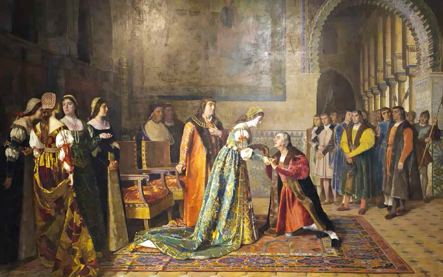 Колумб на встрече с Изабеллой и Фердинандом. Автор: Франсиско Ховер-и-Касановаю Хранится в национальном музее Прадо, г.Мадрид. Ссылка:https://rusinn.com/kolumb-y-ysabel-katolyka-liubov-vsey-zhyzny/