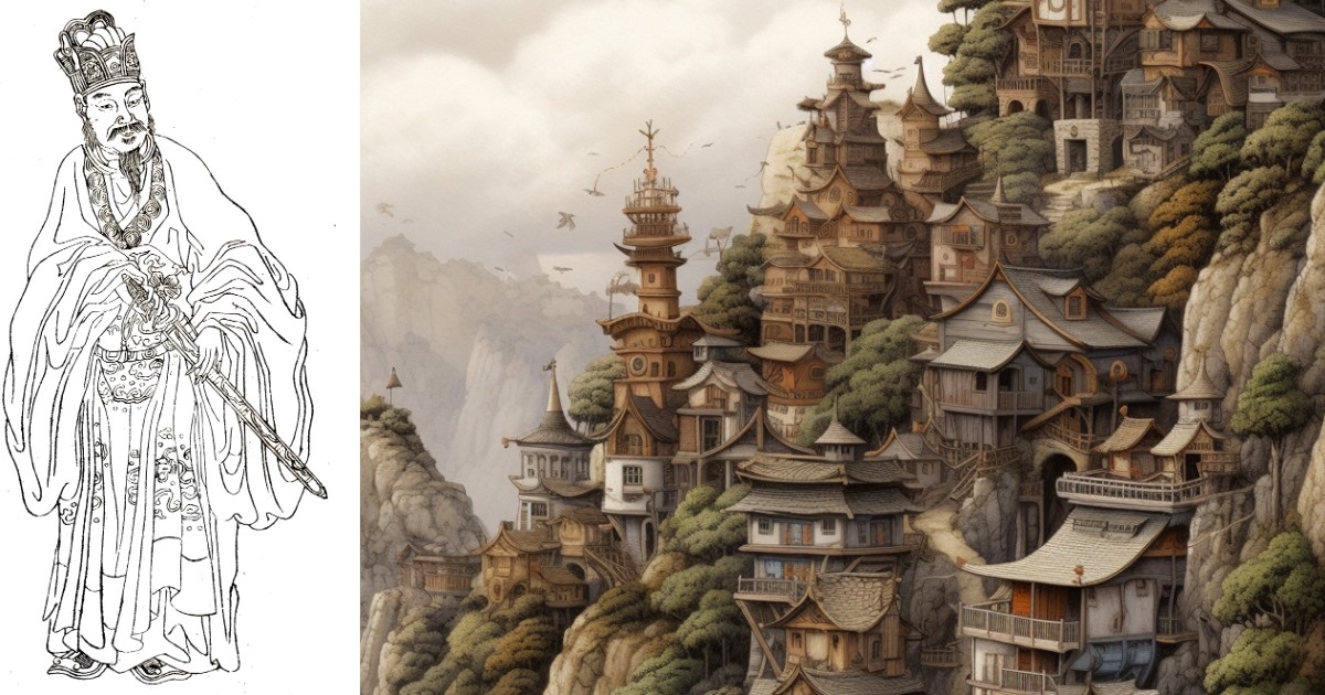 Портрет Дунфан Шуо (в китайской народной мифологии — даосский святой и Бог, покровитель золотых и серебряных дел мастеров), записан в «Ваньсяотан [Чжучжуан] хуачжуань», сборнике китайского художника Шангуань Чжоу, в котором собраны 120 портретов знаменитых персонажей, с биографическими комментариями — от династии Хань до Мин. (Источник изображения: коллаж Secret China [Взгляд на Китай])