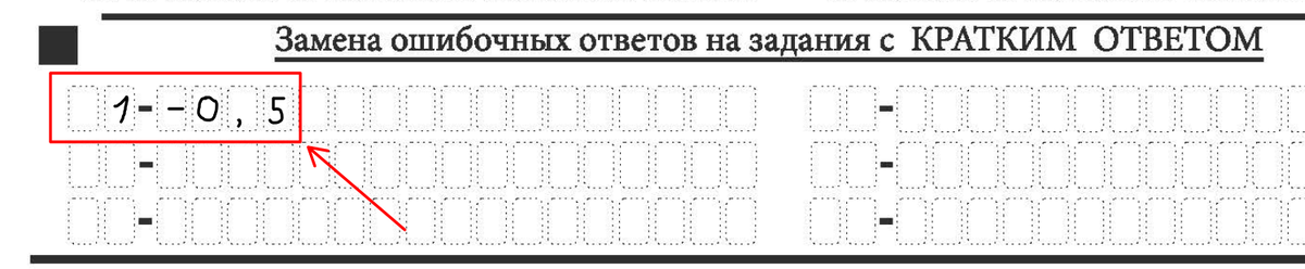 Пример внесения исправления в ответ первого номера тестовой части в бланк ЕГЭ