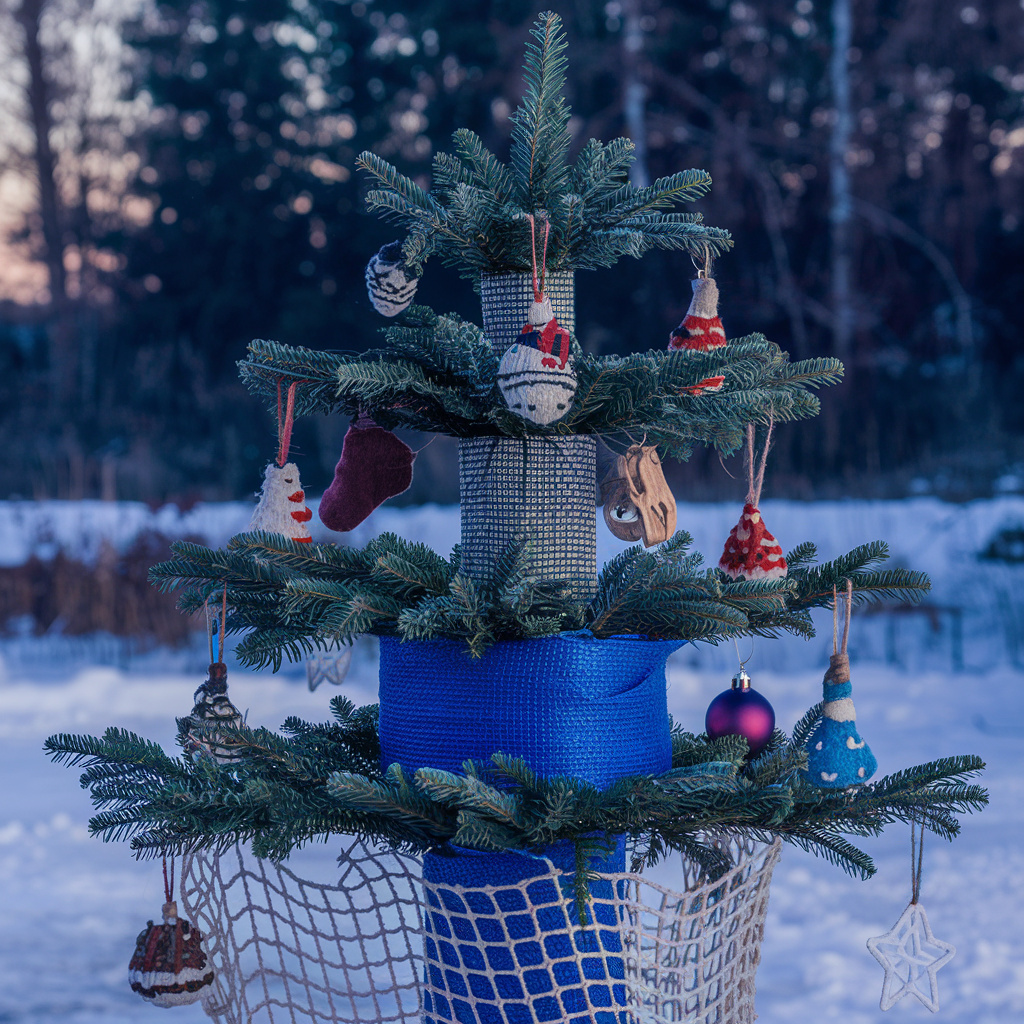 А вот так выглядит ёлка из геосинтетических материалов. Засчитаем этот вариант в пользу нейросетки.
