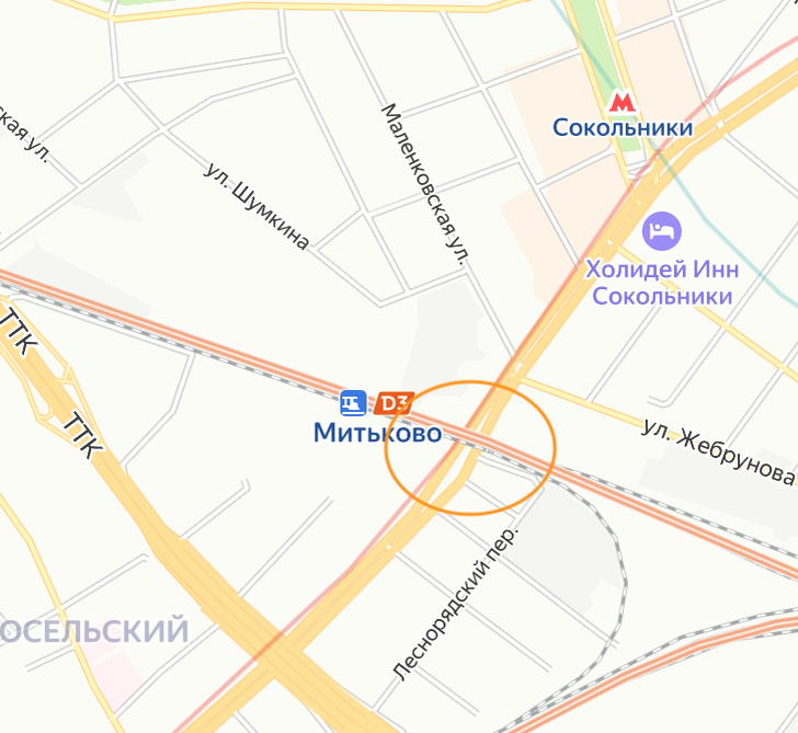 Оранжевый кружочек - это Митьковский путепровод. Яндекс.Карты.