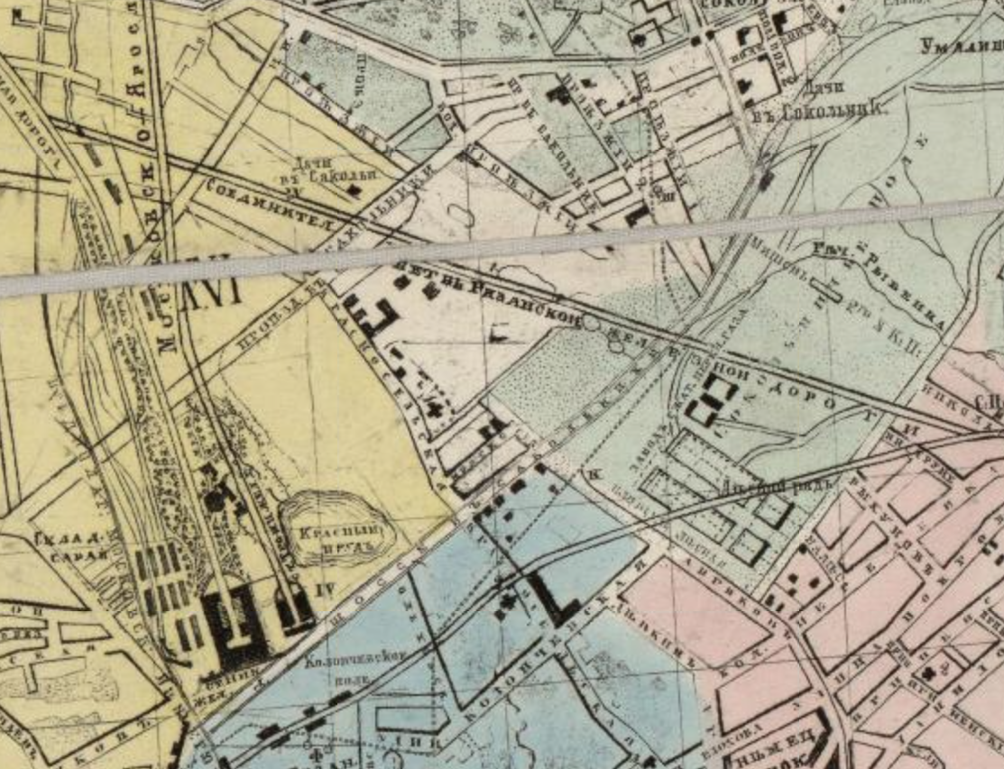 Соединительная ветвь на карте Москвы 1868 года. Тут вообще подпись интересная. С сайта www.retromap.ru.