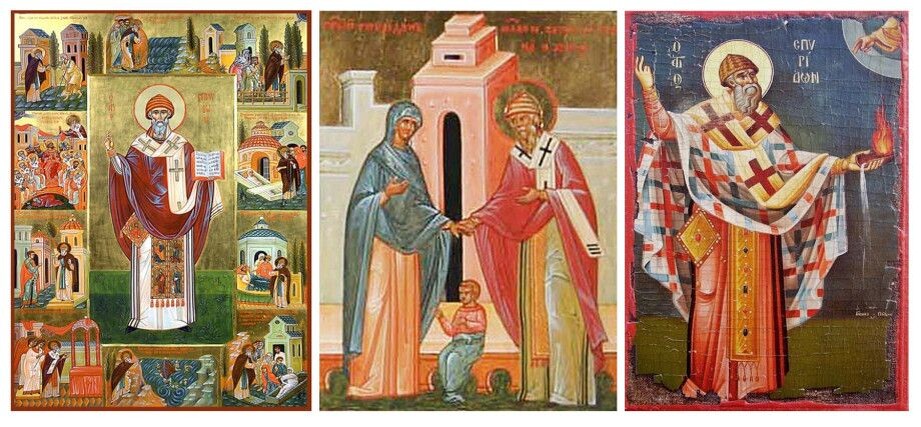 Третье столетие нашей эры стало временем, когда христианская вера перестала быть гонимой и начала укреплять и расширять свое влияние в мире. Стараниями римского императора Константина Великого христианство становится господствующей религией Римской империи, и именно в это время довелось жить святому Спиридону Тримифунтскому. Вскоре после того, как он овдовел, Спиридон, известный своими добрыми делами и искренней верой, был избран епископом кипрского города Тримифунта. Отсюда и его прозвище «Тримифунтский». И именно к этому времени относится наибольшее число чудесных событий, связанных с его именем.


Иконы (слева направо): Большая икона Спиридона Тримифунтского, Воскрешение младенца Чудо Спиридона, Тримифутского на Вселенском Соборе