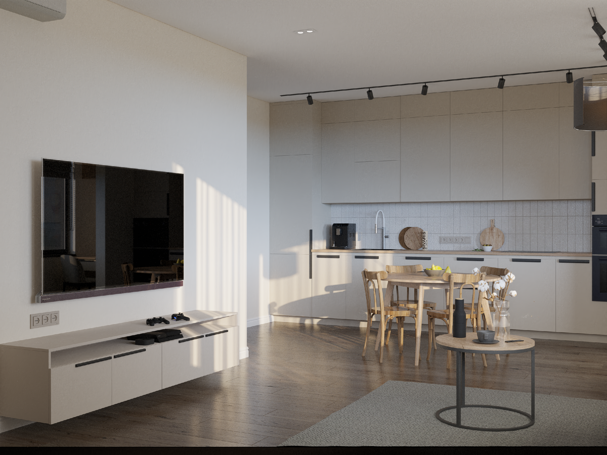 Визуализация дизайна кухни-гостиной от студии Verve