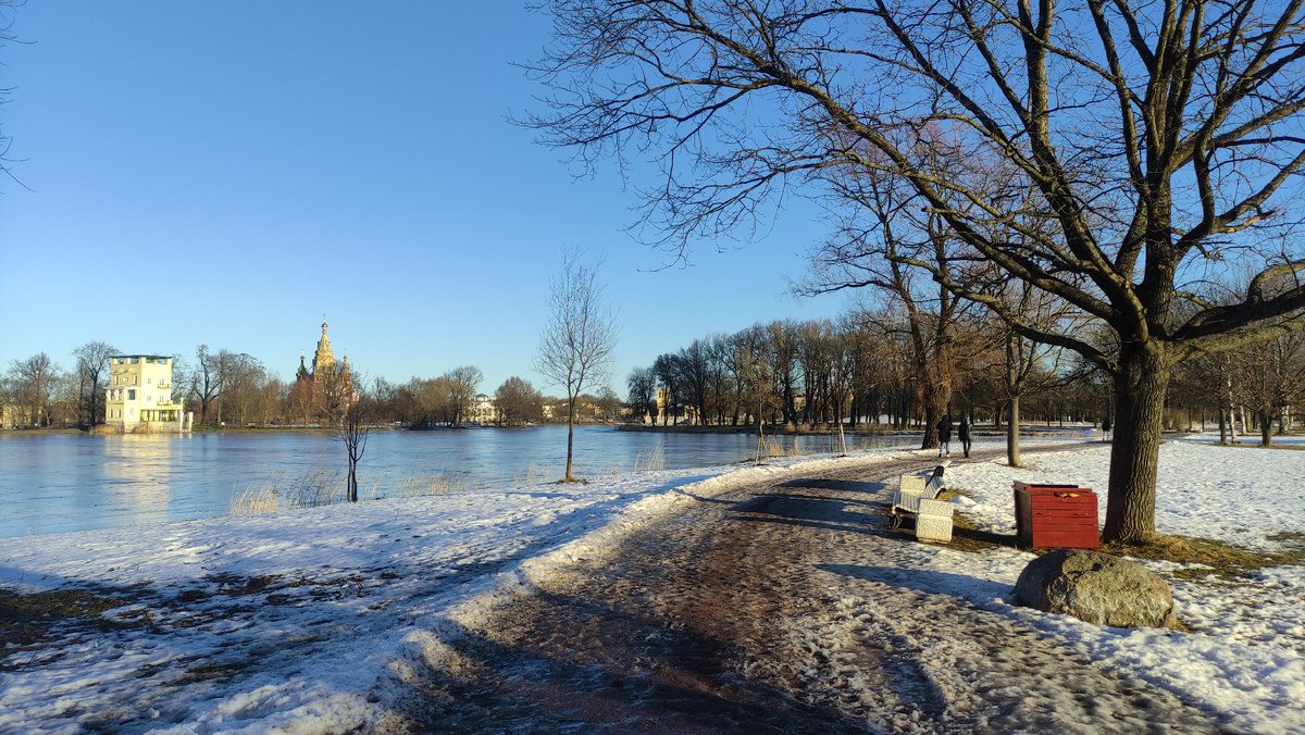 Собор Святых Петра и Павла расположен на берегу Ольгина пруда в Петергофе