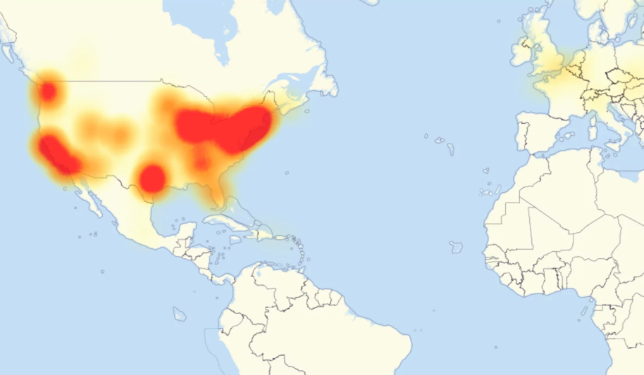 Карта регионов США, которые больше всего зацепила DDoS-атака Mirai на Dyn в 2016 году
