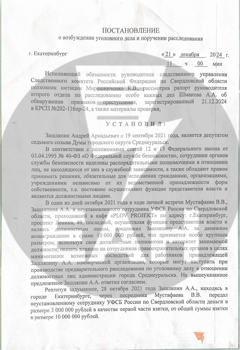    Постановление о возбуждении уголовного дела на Зашляпина