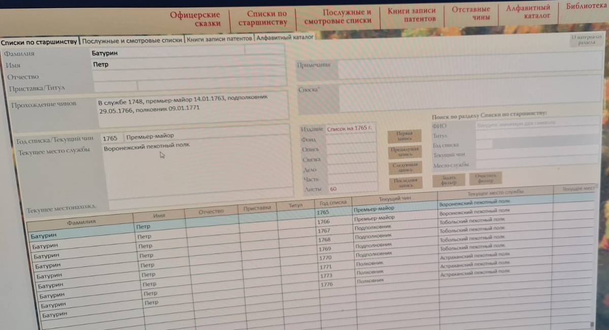 Батурин Пётр - командир Астраханского пехотного полка с 9 января 1771 по 11 октября 1777 года. В службе 1748, премьер-майор 14.01. 1763, подполковник 29.05.1766, полковник 09.01.1771. Издание. Список на 1765 г. Листы 60. https://esponton.ru/search/586?_token=HcVIdjH1dS8Bnf06m7XzbWSRakkS5r3WDCADapKI&search=Батурин&page=