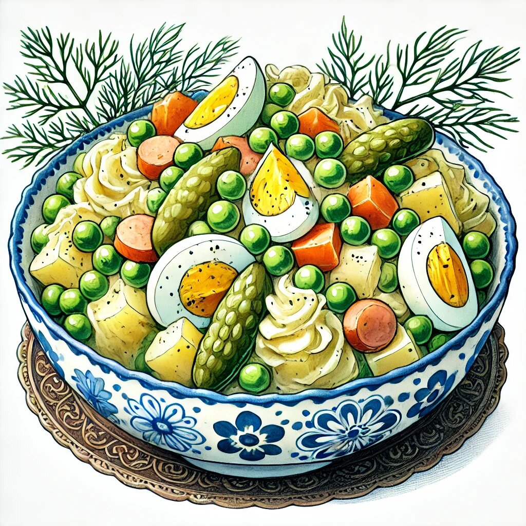 Салат Оливье - нежный, вкусный и сытный.