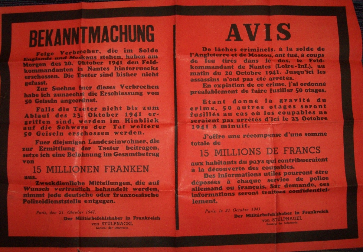 Avis du général von Stülpnagel, Paris, 21 octobre 1941.