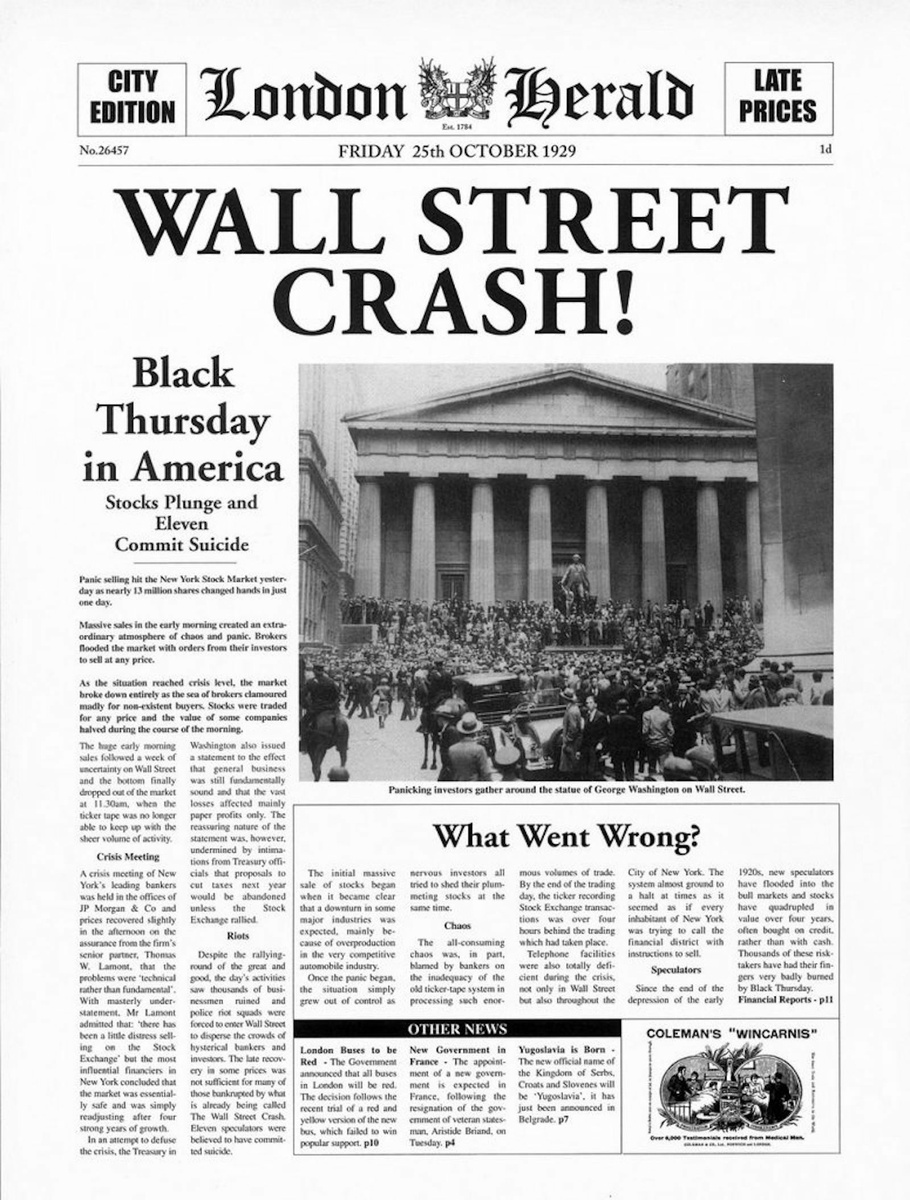 Началом депрессии считается 24 октября 1929 года, когда на Нью-Йоркской фондовой бирже разразилась паника: инвесторы бросились массово распродавать акции и облигации. За день они избавились от рекордных 12,9 млн бумаг, что привело к значительному падению их цены. День вошёл в историю как «чёрный четверг».