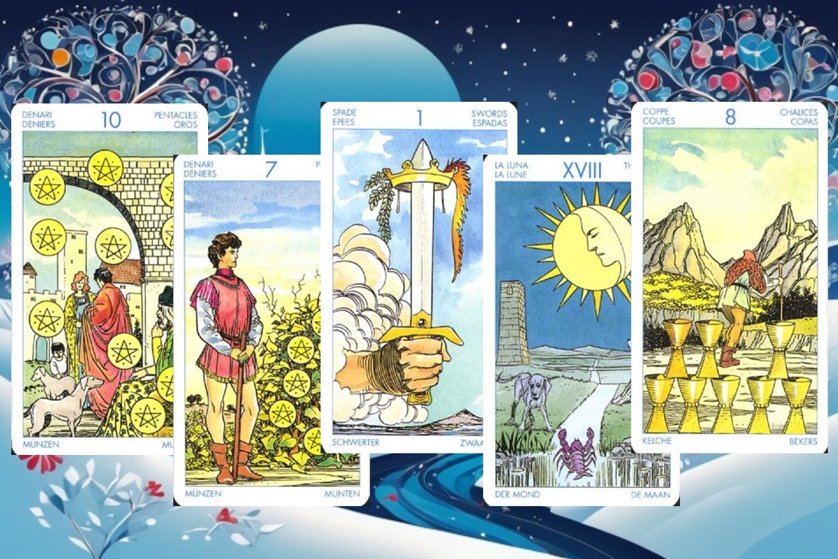 10 Пентаклей, 7 Пентаклей, Туз Мечей, Луна, 8 Кубков.