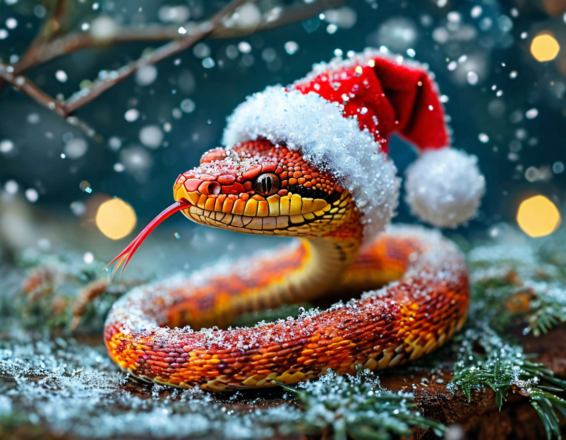 Промпт: Волшебная Новогодняя открытка с красивой змеей. Змея в новогодней красной шапочке с белой бамбошкой. Змея активная и любит путешествовать. морозная дымка много искр, блик алмазное мерцание снежинок ажурная изморозь, яркие сияющие цвета, россыпь звезд, необычный ракурс, funny