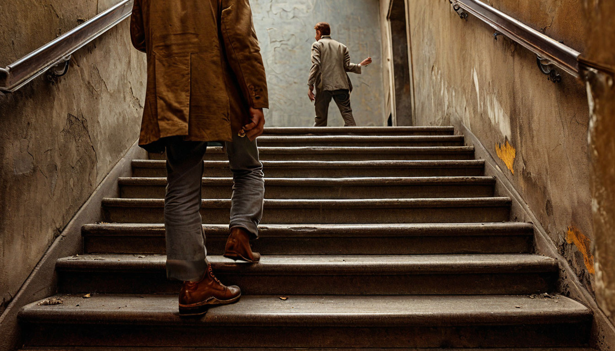 Изображение первого шага: человек в обуви стоит у начала лестницы, но рука тянется назад, как будто он сомневается.