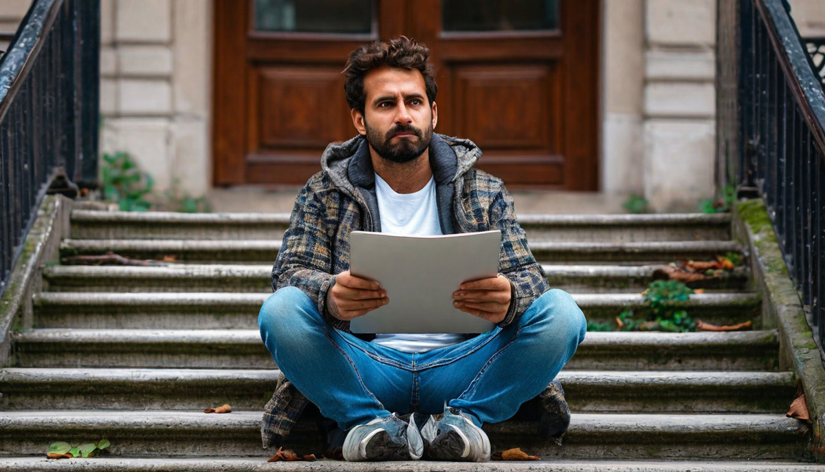 Человек с задумчивым взглядом, сидящий на ступеньках, с книгой или ноутбуком.