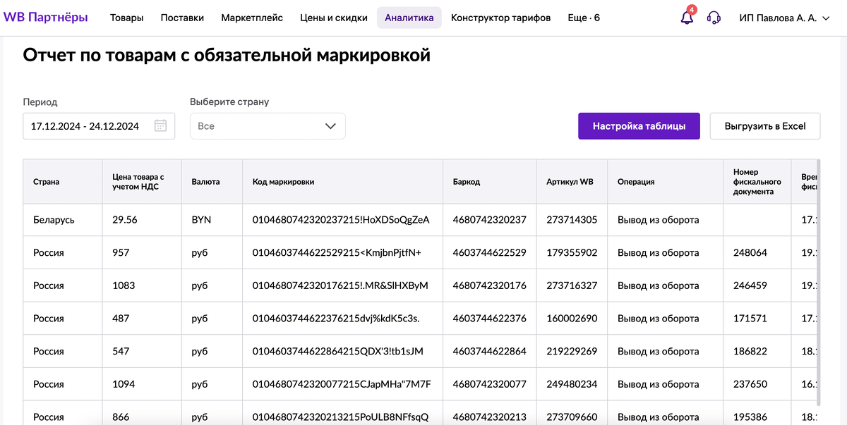 Интерфейс WB раздел Аналитика - Отчеты - Отчет по товарам с обязательной маркировкой.