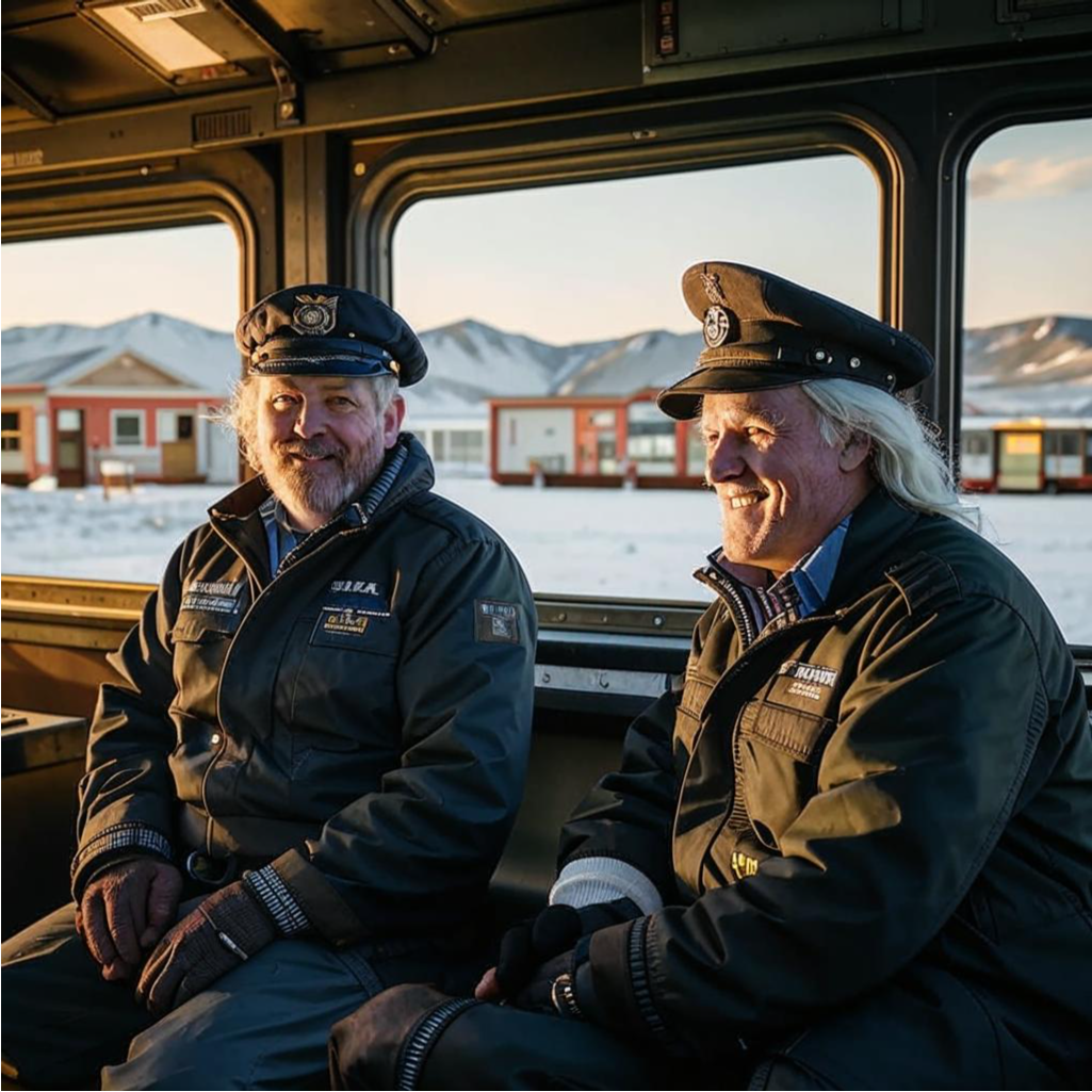 Джон Лиддл и Чарльз Геттенберг, машинисты паровоза, на котором Эндрю и Хелен пытались добраться до Ненанны. Создано нейросетью Кандинский. 