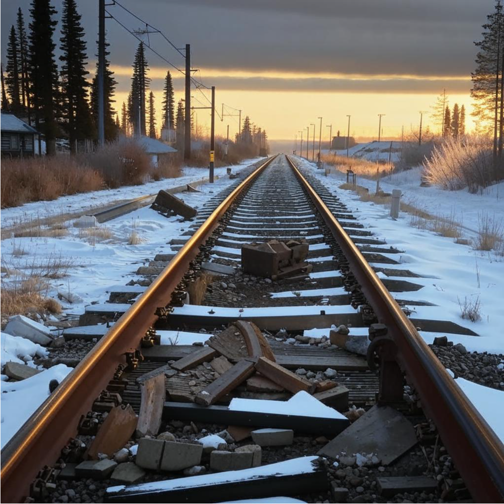 Железная дорога перекрыта хламом. Создано нейросетью Кандинский 
