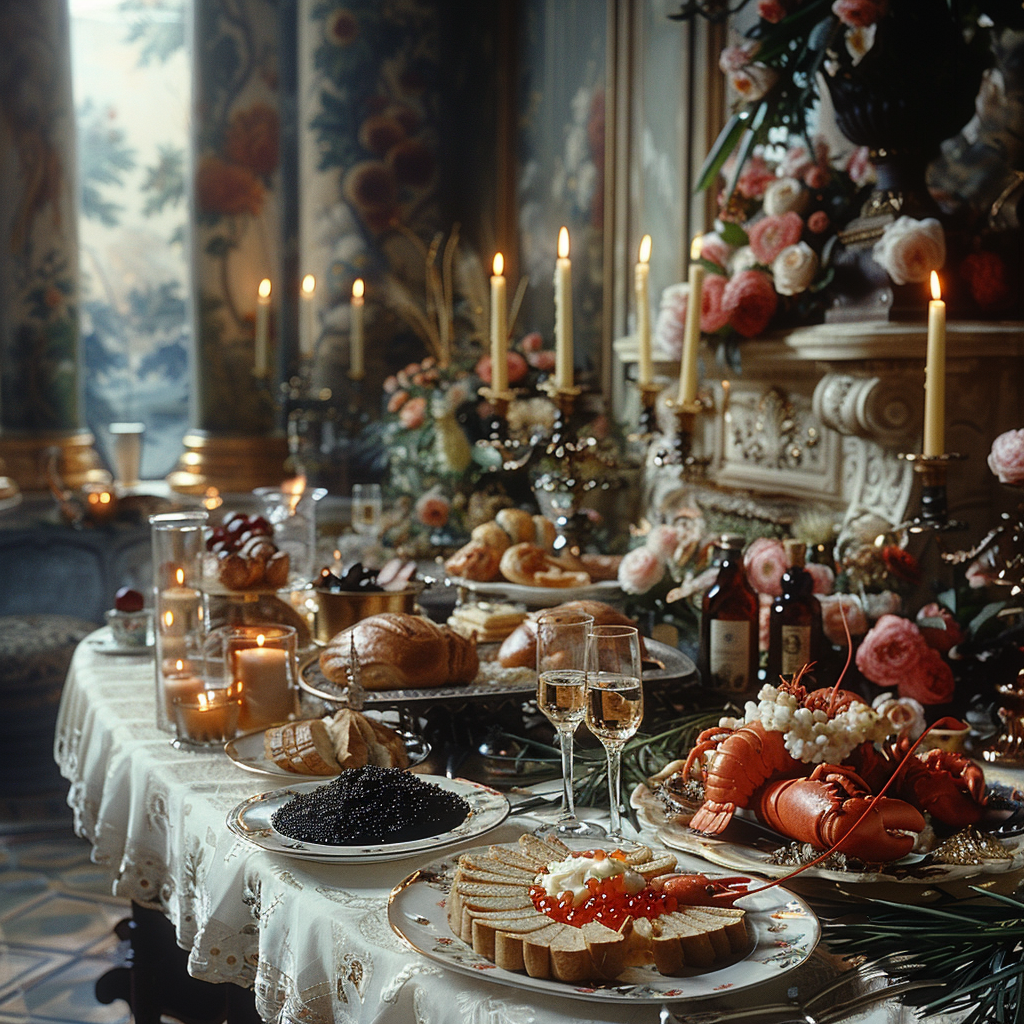 Пример праздничной сервировки. Икра черная, шампанское, блюдо с омарами и дичью