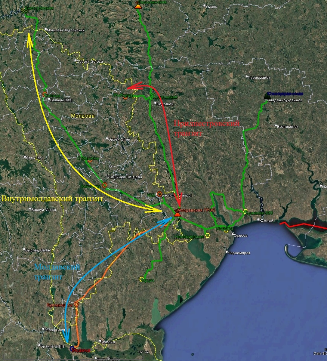Карта-схема сверхвысоковольтных сетей в районе Молдавской ГРЭС. Рыжие лини – ВЛ 400 кВ, зелёные – 330 кВ