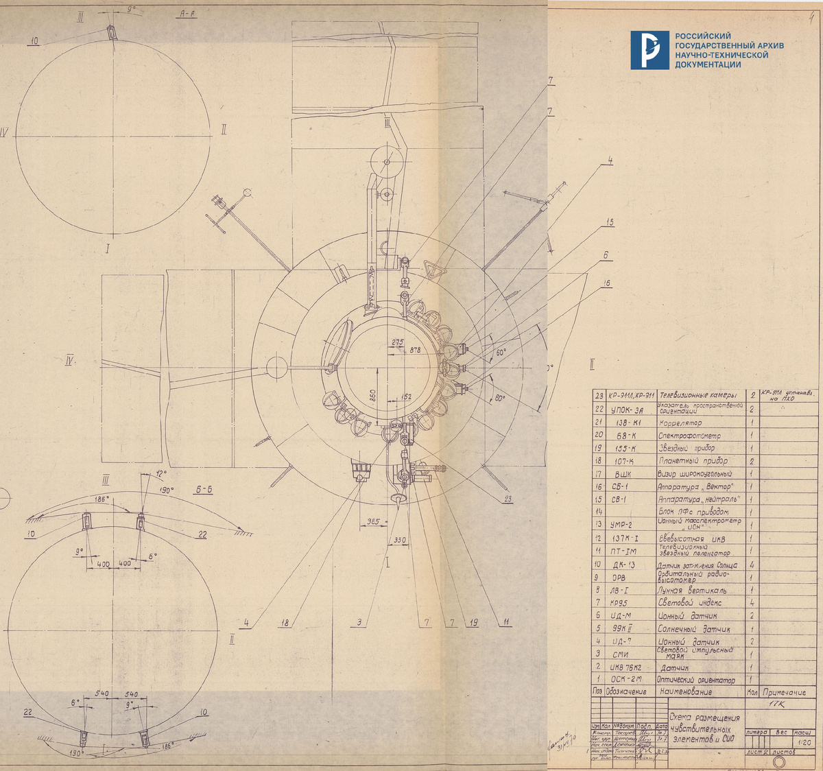 Проект орбитальной станции ДОС-7К № 3 и 4. Вид спереди. 1970 г. РГАНТД. Ф. 213. Оп. 5-1. Д. 224. Л. 4.