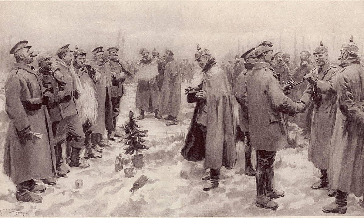 Немецкие и британские солдаты вместе празднуют Рождество 1914 года. Рисунок из «Illustrated London News» 1914 г.