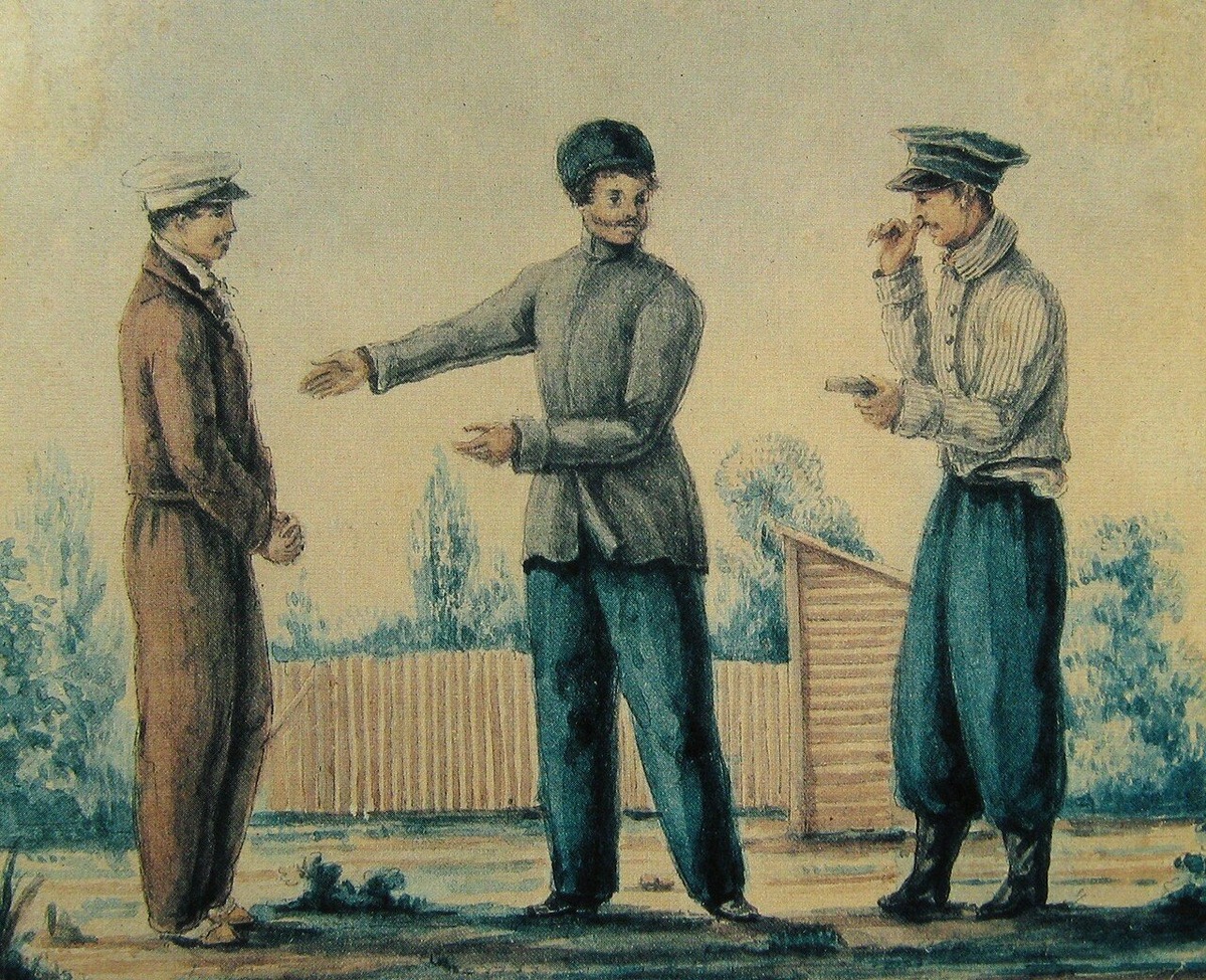 И. Д. Якушкин, П. С. Бобрищев-Пушкин и М. К. Кюхельбекер во дворе Читинского острога. 1828-1830 годы (Акварель Н. П. Репина)