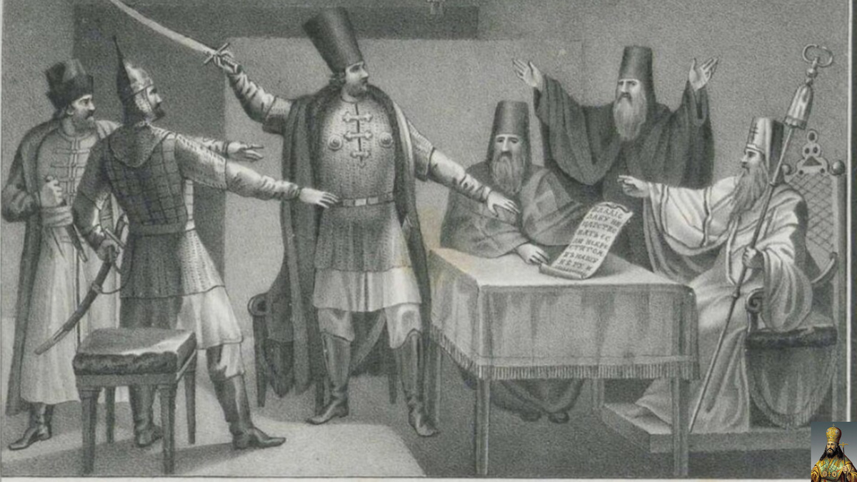 Литография Б. А. Чорикова c изображением восставших, посередине с поднятой саблей изображён Ляпунов.