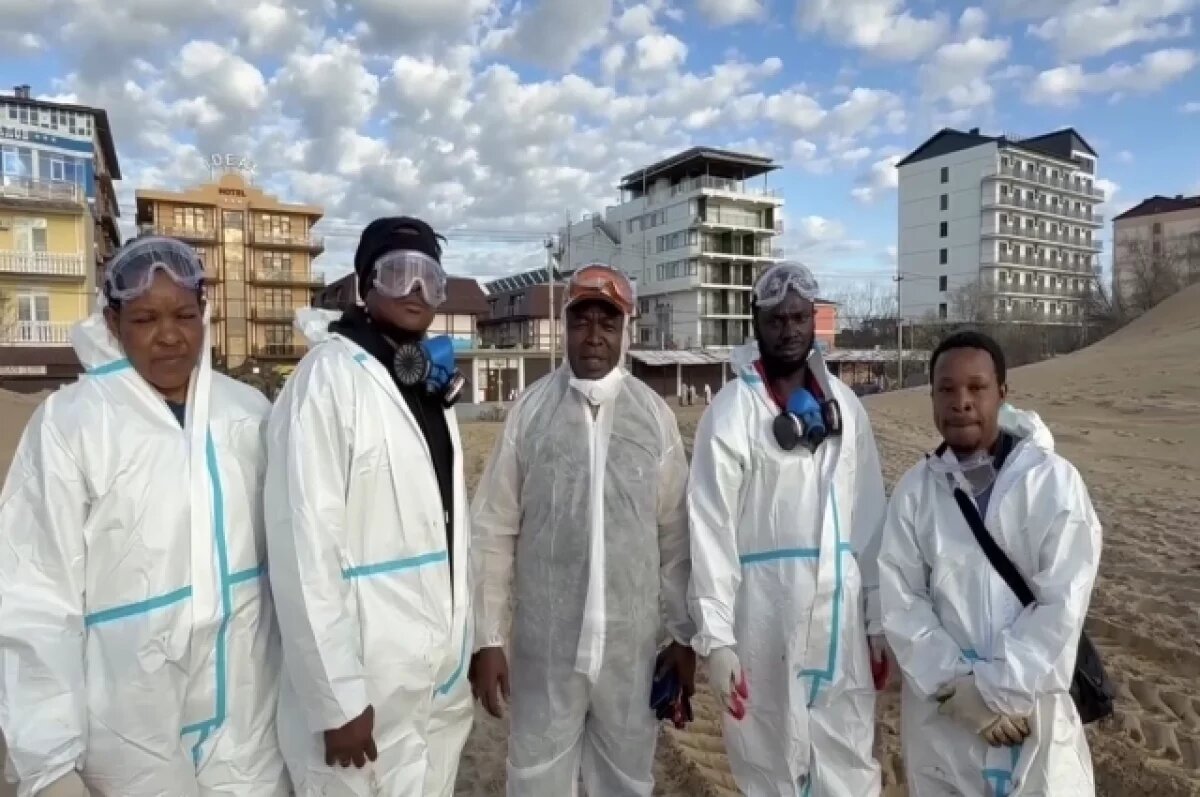    Волонтеры из Африки помогают убирать загрязненные мазутом пляжи в Анапе