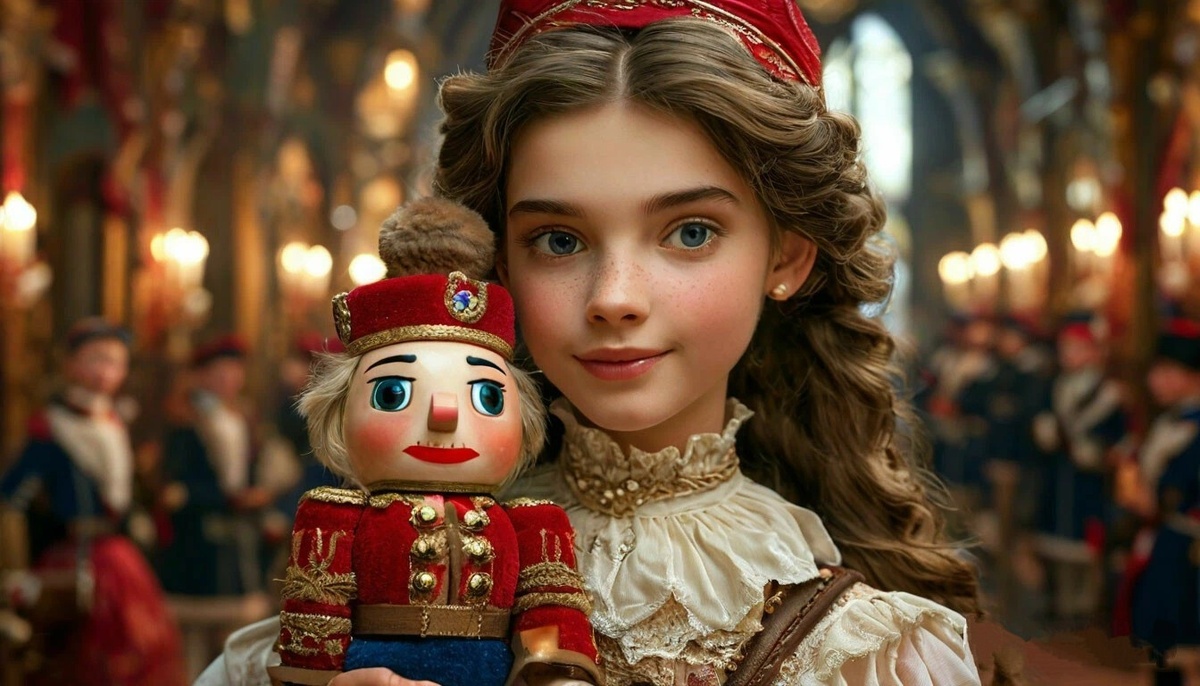 Пока генерировала изображение в нейросети, очень смеялась - отчего-то по запросу Щелкунчик и Мари, или Щелкучик и Клара у девочки появлялись усы))