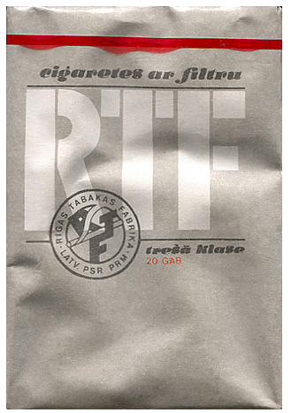 "RTF". Латвия, 1980-е годы. 20 штук с фильтром в мягкой упаковке. Цена (была) 60 копеек. Производитель: Rigas Tabakas Fabrika. Владелец торговой марки: Rigas Tabakas Fabrika.