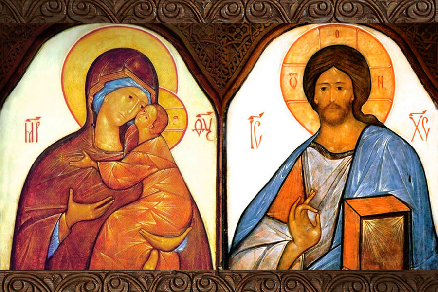 Иконописец мон. Григорий (Круг). Икона Божией Матери «Умиление» и «Господь Вседержитель». 1960. Церковь прп. Серафима Саровского, Монжерон, Франция