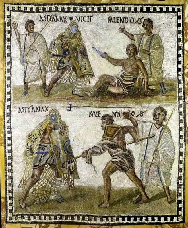 Мозаика, изображающая бой гладиаторов — секутора Астианакса (слева) и ретиария Календио, датировка — III век н.э.