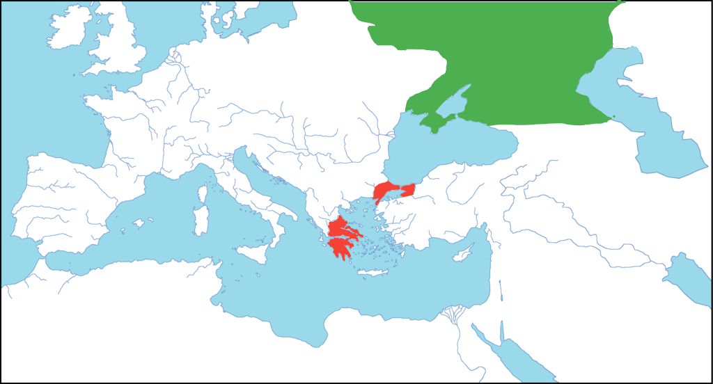 Зелёным отмечена Россия, а красным — та малая Толика Византии, на которую Россия вправе претендовать.