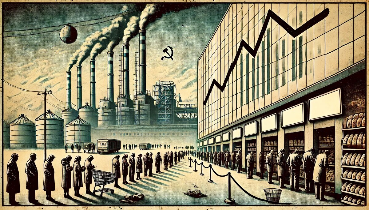 Иллюстрация, изображающая экономический кризис в СССР 1980-х годов.