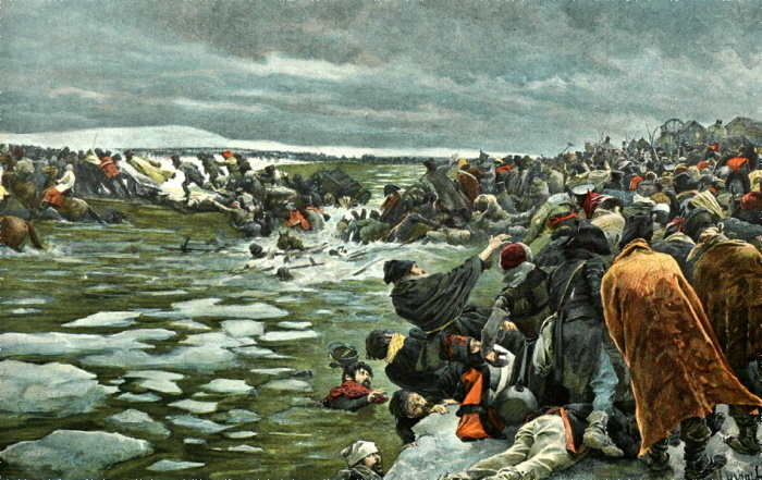 «Форсирование Березины». Акварель художника Фелициана Мирбаха, 1906 год. Источник: elena-sem.livejournal.com