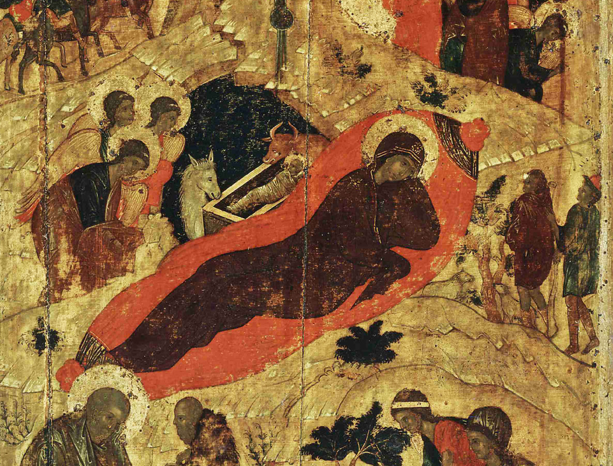 Мария, Иисус, животные, ангелы и пастухи.