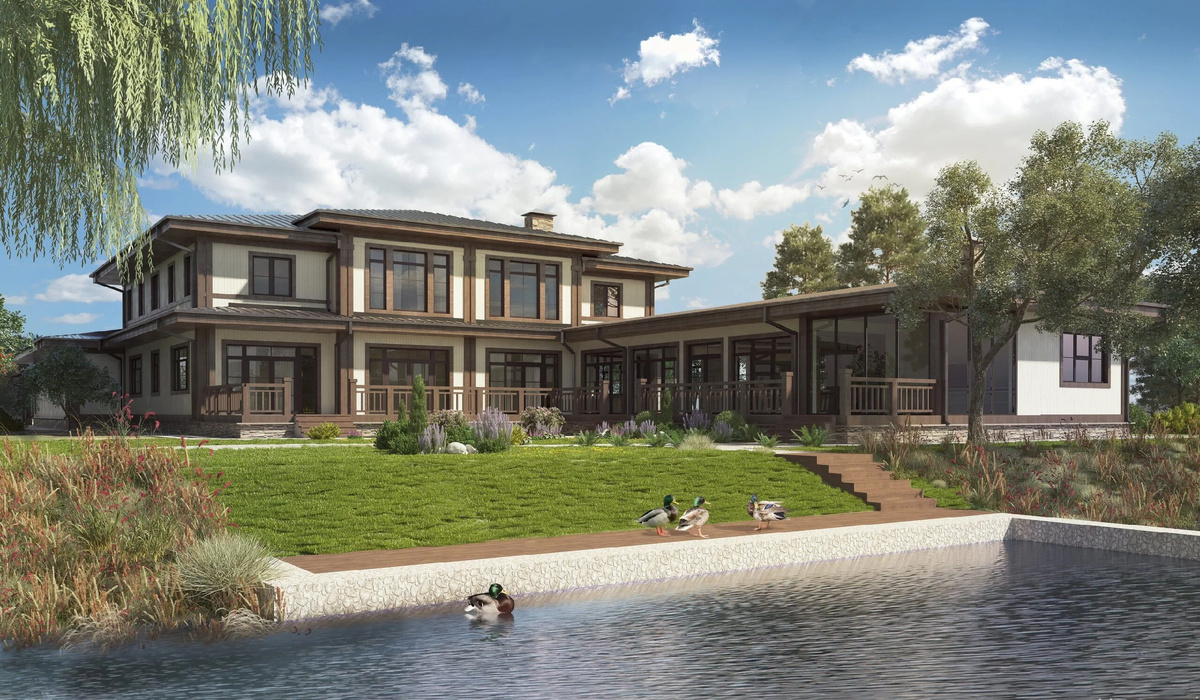 Внешнее оформление загородного дома из вертикального бруса "Натали"