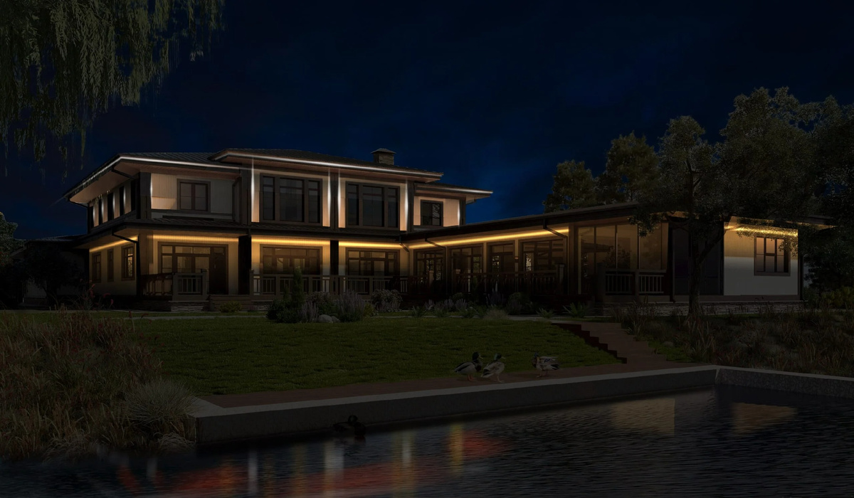 Обзор загородного дома "Натали" от NATURI  втемное время суток
