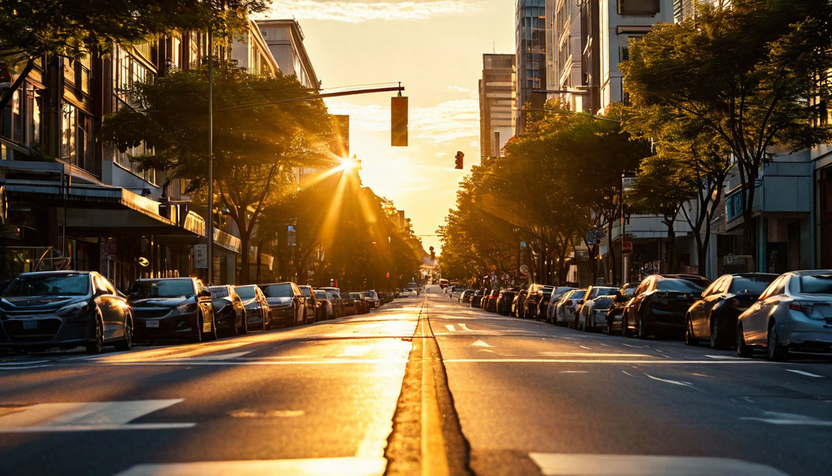 Фото восходящего солнца, освещающего чистую городскую улицу, как символ нового начала.