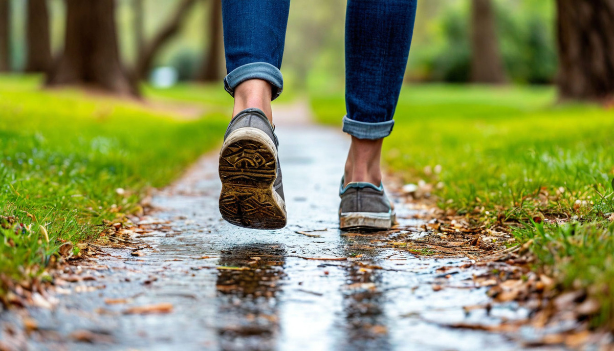 Крупный план ног, делающих первый шаг на чистую дорожку парка.