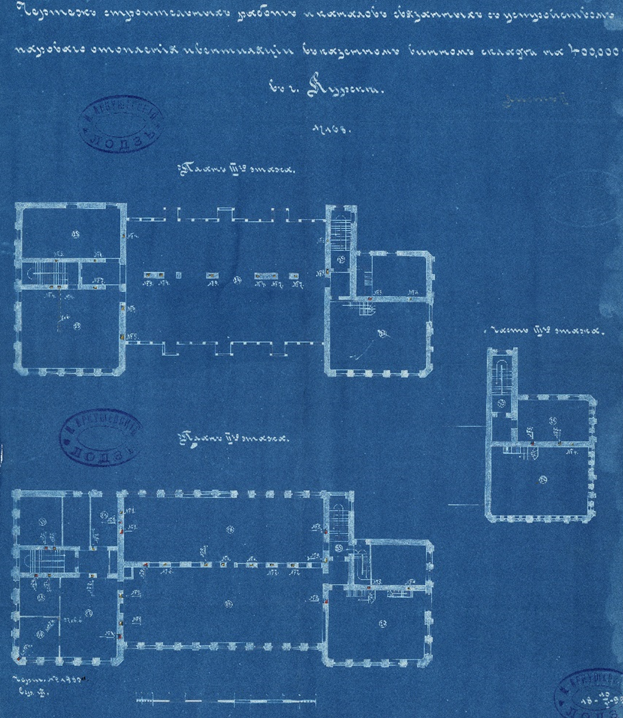 Рис. 2. Чертеж строительных работ и каналов, связанных с устройством парового отопления и вентиляции в казенном винном складе г. Курска. 1899 год. Источник: ФКУ «Российский государственный исторический архив» (РГИА). Ф. 575. Оп. 10. Д. 72. Л. 6.