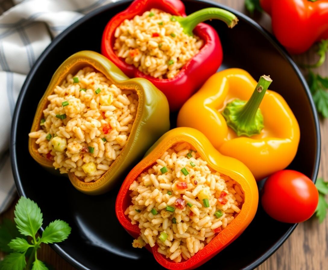 Разноцветные перцы, фаршированные рисом и овощами