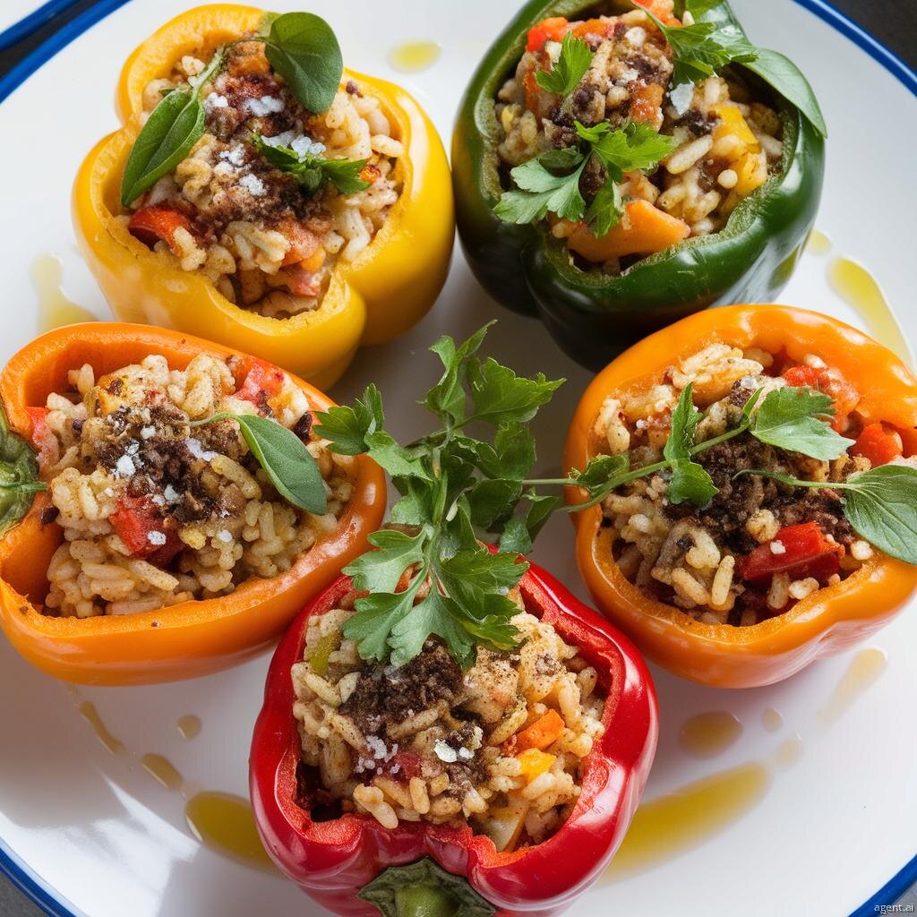 Разноцветные перцы, фаршированные рисом и овощами