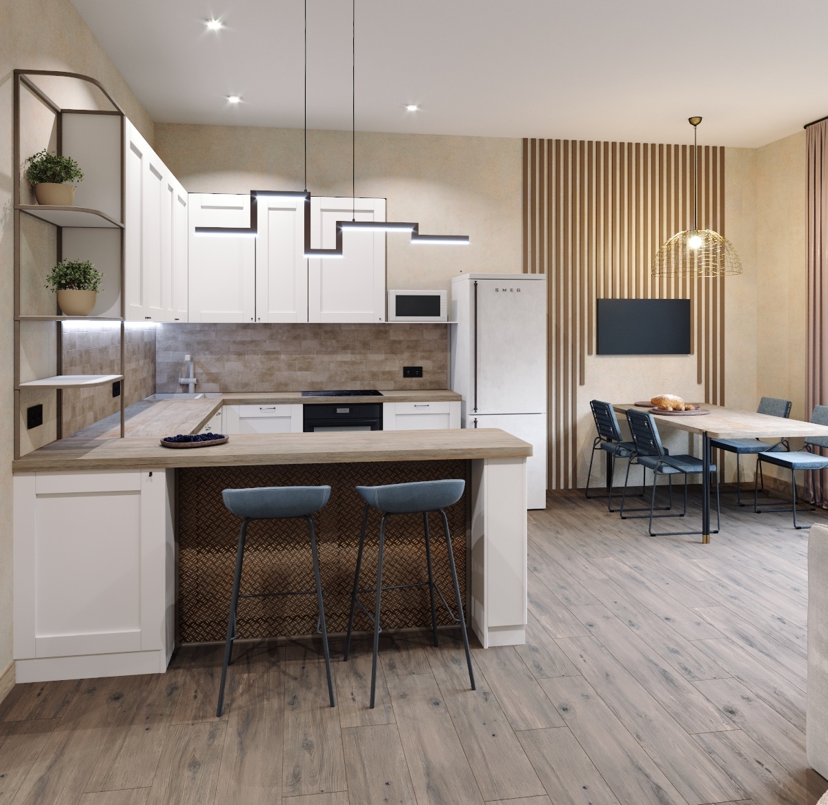 кухня с плетеным подстольем под барным столом