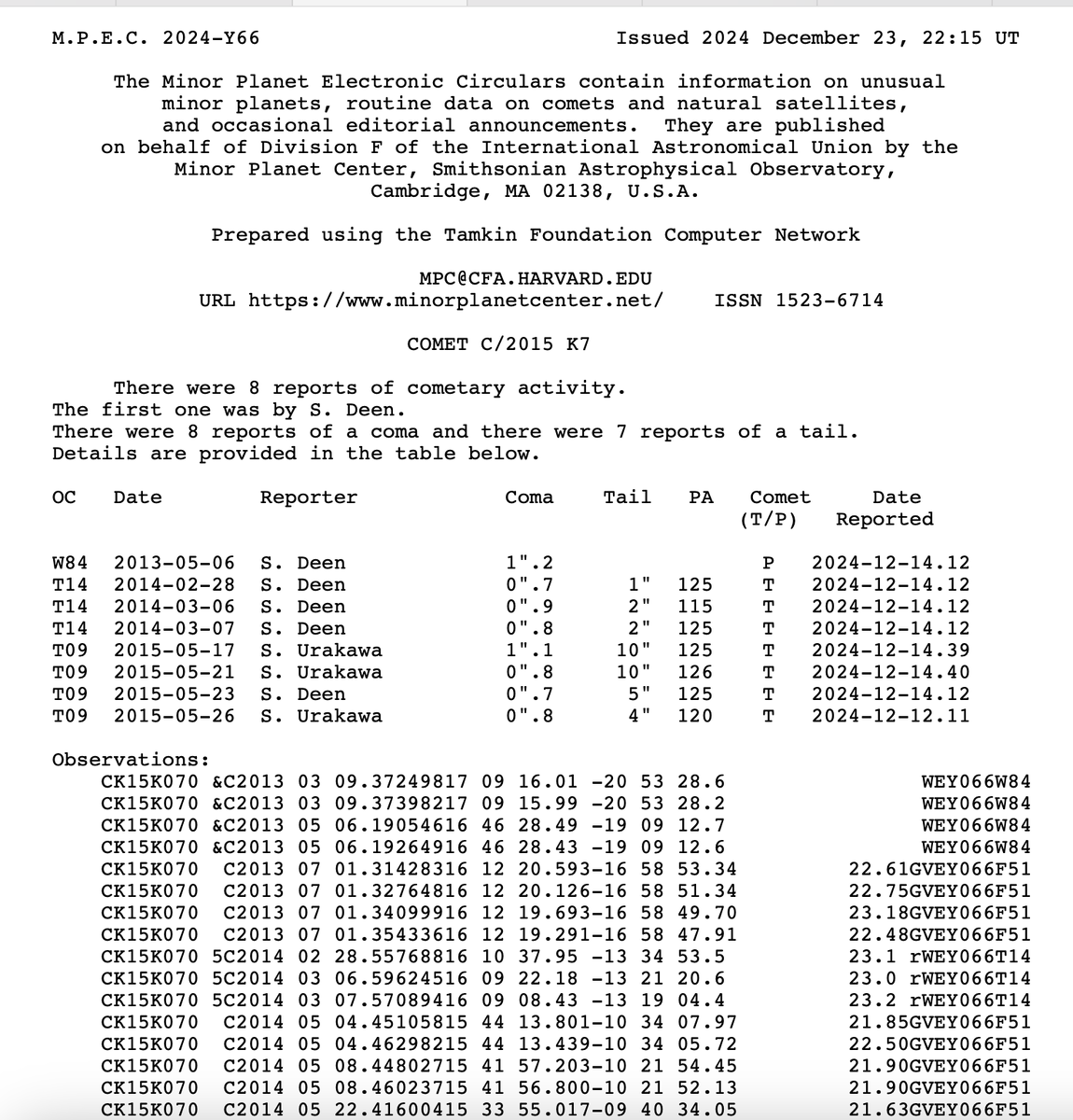 Фрагмент циркуляра Центра малых планет (MPC)