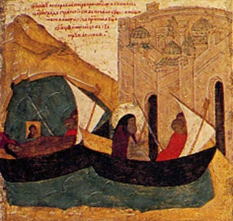 Святитель Пётр и его соперник плывут в Константинополь. 15 в. Клеймо иконы святителя Петра мастера Дионисия.