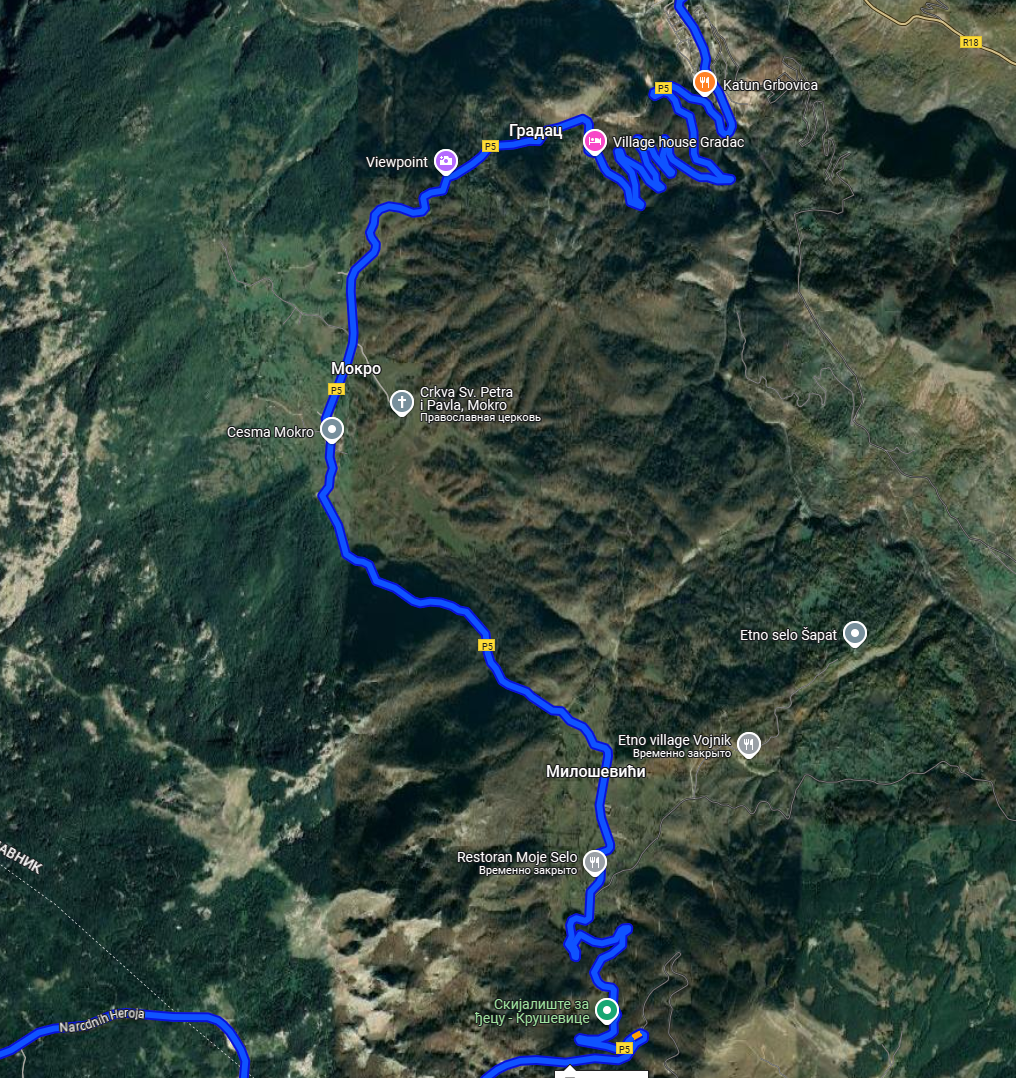 Два очень извилистых участка пути на маршруте Подгорица-Жабляк